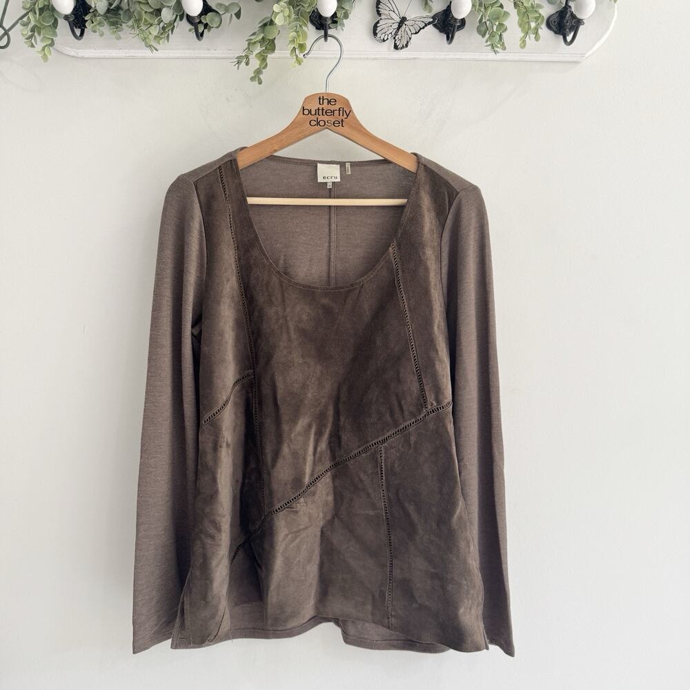 Ecru Brown Faux Suede Mixed Material Top Medium Western Boho Native CP